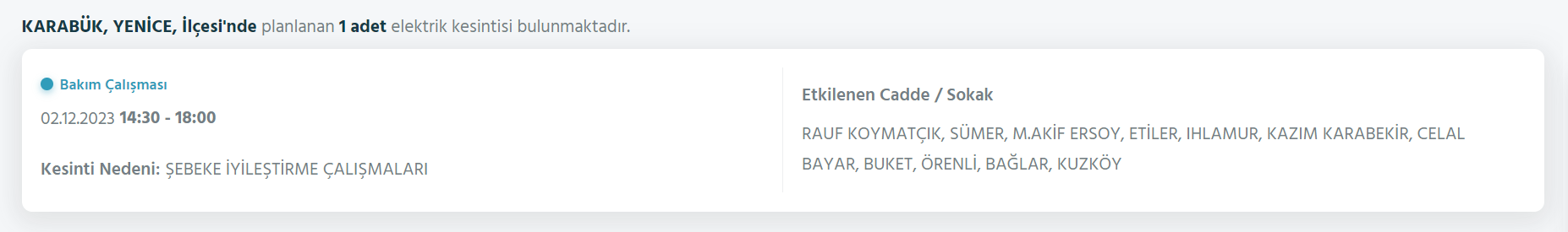 Karabük elektrik kesintisi