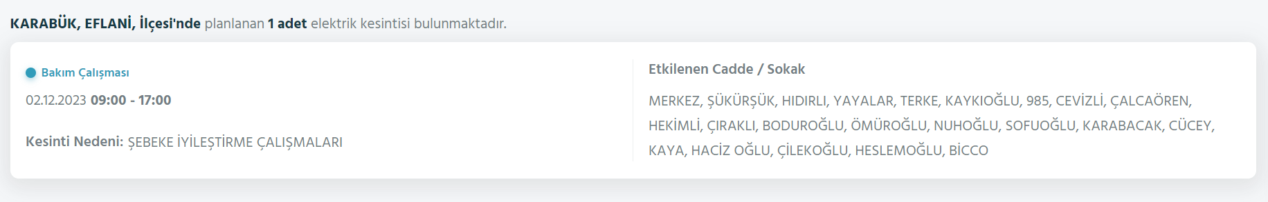 Karabük elektrik kesintisi