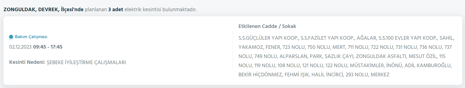 Zonguldak elektrik kesintisi