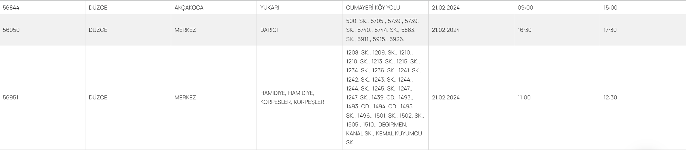 Düzce elektrik kesintisi