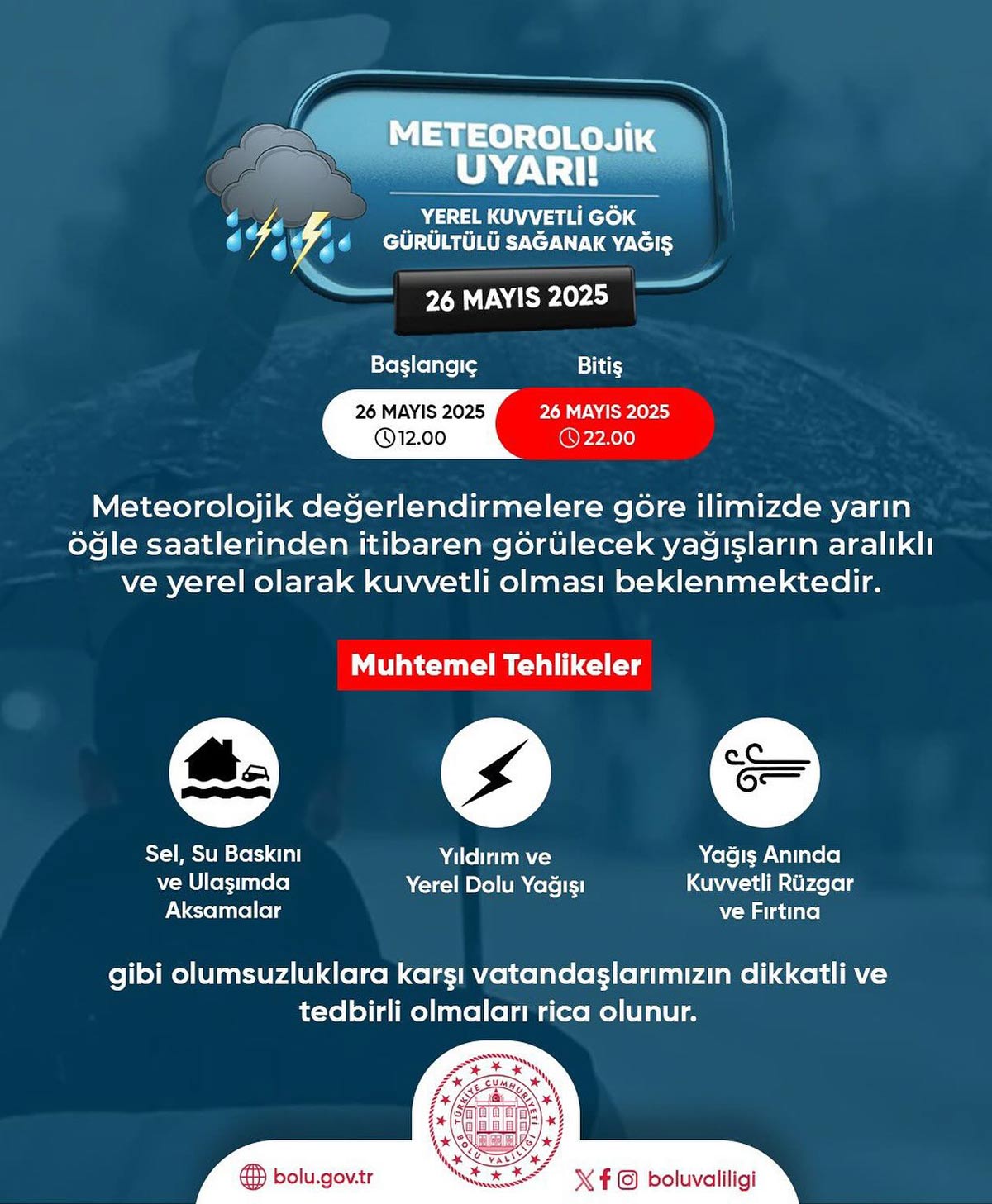 Bolu Valiliği, meteorolojik uyarı