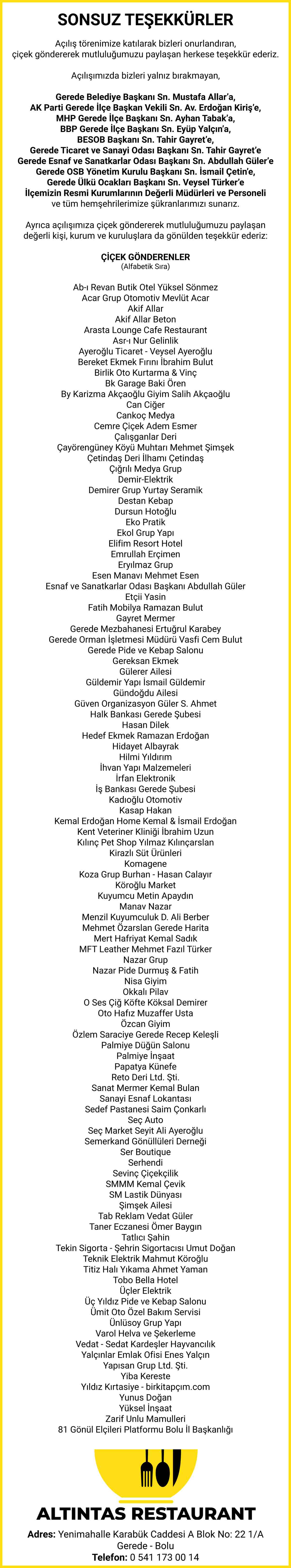 Altıntas Restaurant, teşekkür metni