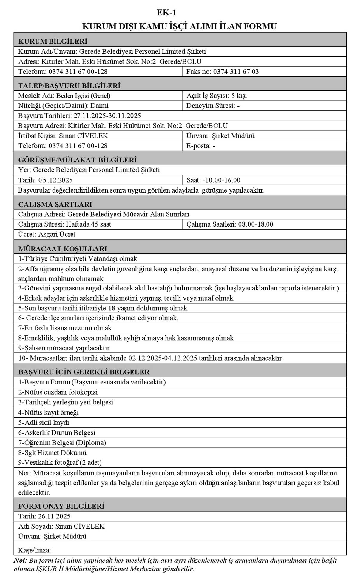 Gerede Belediyesi İşçi Alımı Yapacak, Detaylı ilan