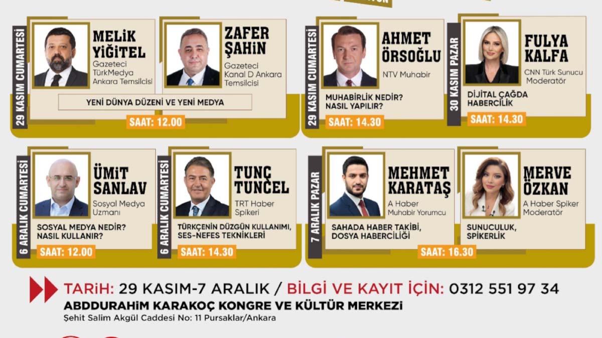 Seminer Takvimi ve Katılımcılar

29 Kasım – 7 Aralık tarihleri arasında gerçekleştirilecek eğitimlerde Melik Yiğitel, Zafer Şahin, Ahmet Örsoğlu, Fulya Kalfa, Ümit Sanlav, Tunç Tuncel, Mehmet Karataş ve Merve Özkan gibi gazeteciler seminer verecek.

Katılımcılar, medya dünyasının deneyimli isimlerinden uygulamalı bilgiler edinme ve sektöre dair güncel gelişmeleri yakından takip etme fırsatı bulacak.
