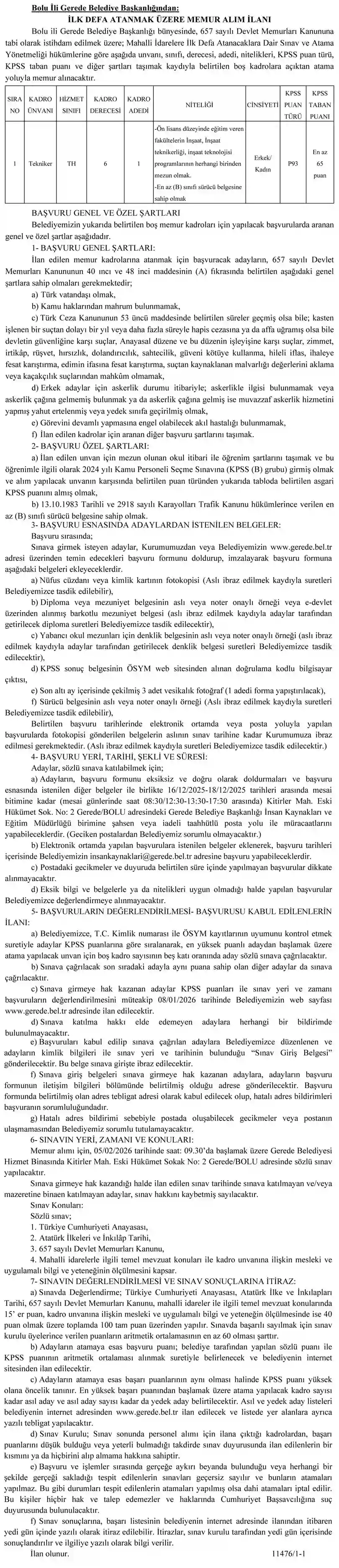 Gerede Belediyesi Memur Alımı İlanı 2025