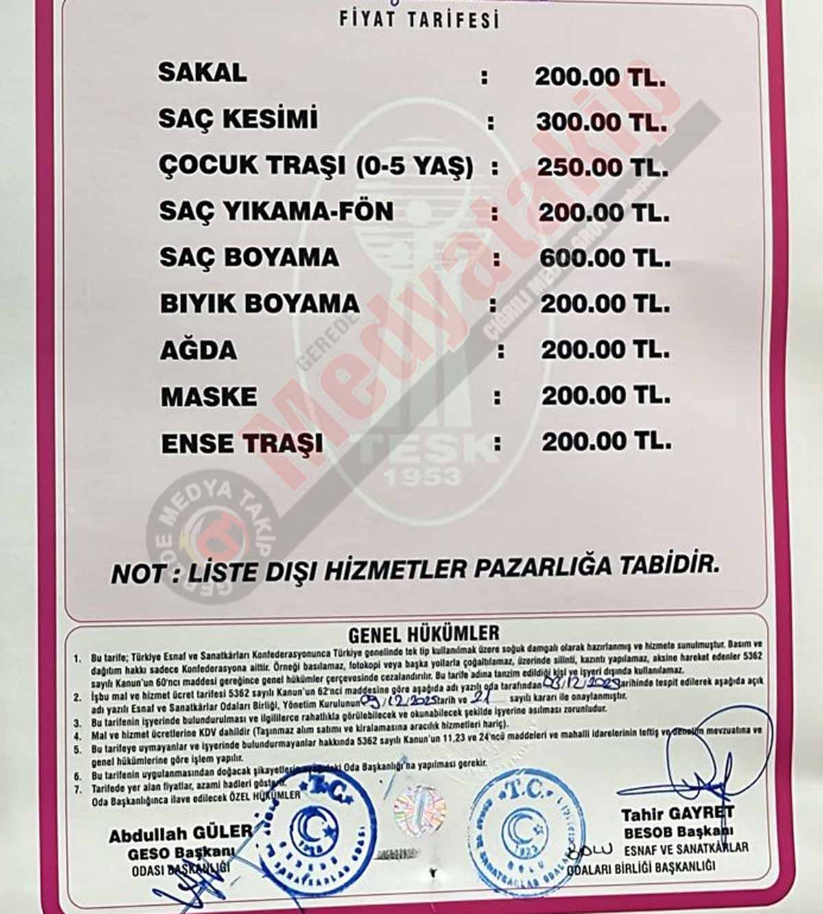 Gerede Berber Ücretleri Aralık 2025