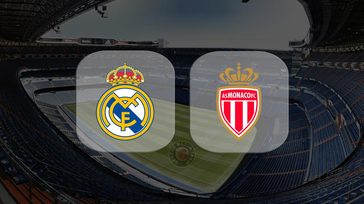 Santiago Bernabéu Stadyumu’nun iç görünümü arka planda yer alırken, ortada yarı saydam paneller içinde Real Madrid ve AS Monaco futbol kulüplerinin logoları yan yana gösteriliyor