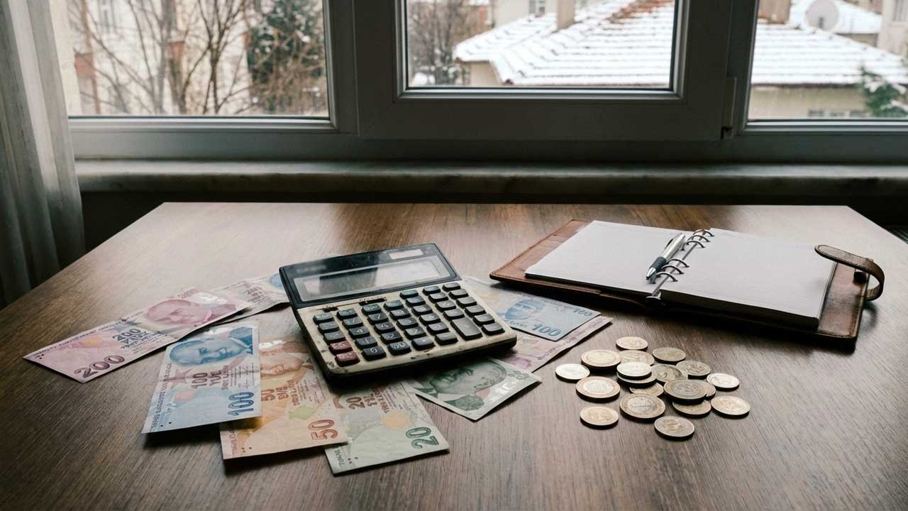 Türkiye'de ev bütçesi planlamasını simgeleyen; masada nakit paralar, hesap makinesi ve not defterinin yer aldığı, kış atmosferinde çekilmiş bir ekonomik haber görseli.