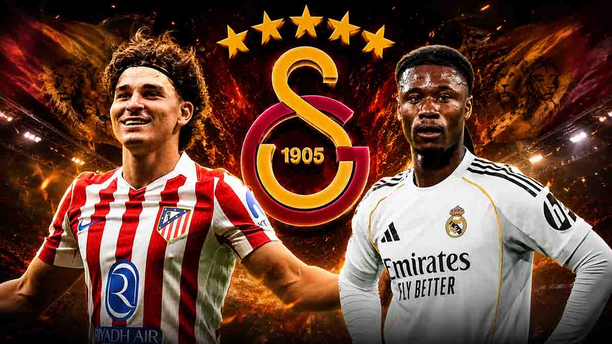 Galatasaray logosu önünde Julian Alvarez ve Eduardo Camavinga poz veriyor. transfer haberinin manşet görseli