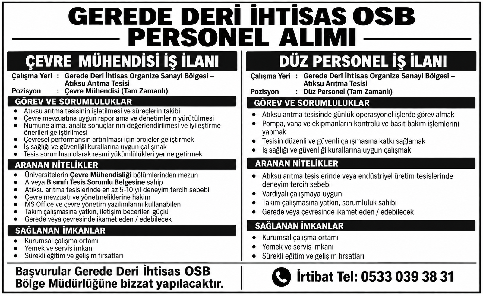 gerede deri ihtisas OSB personel alımı